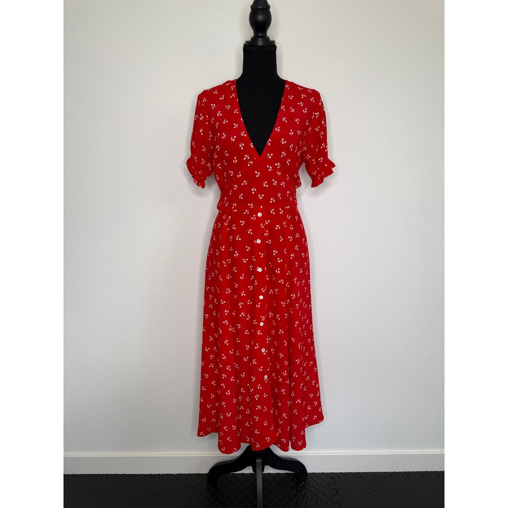 Faithfull The Brand Red Floral Midi Dress Button Front Rayon US 4